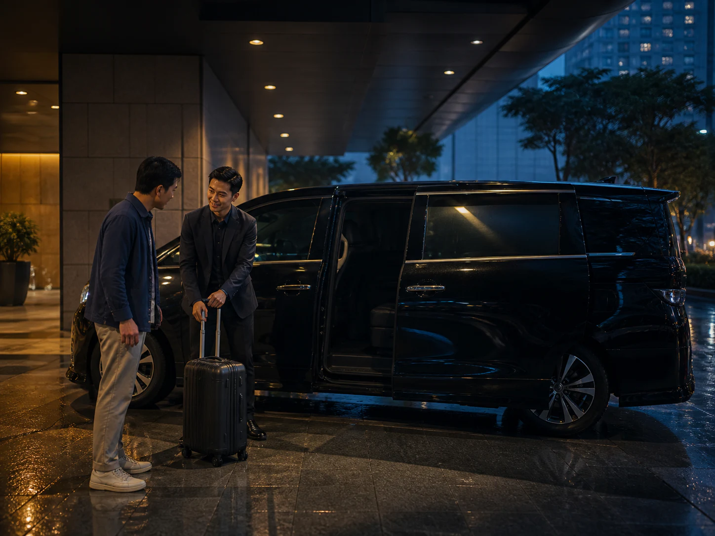 Journey coordinator helping a traveller with luggage beside a black executive MPV at a hotel entrance