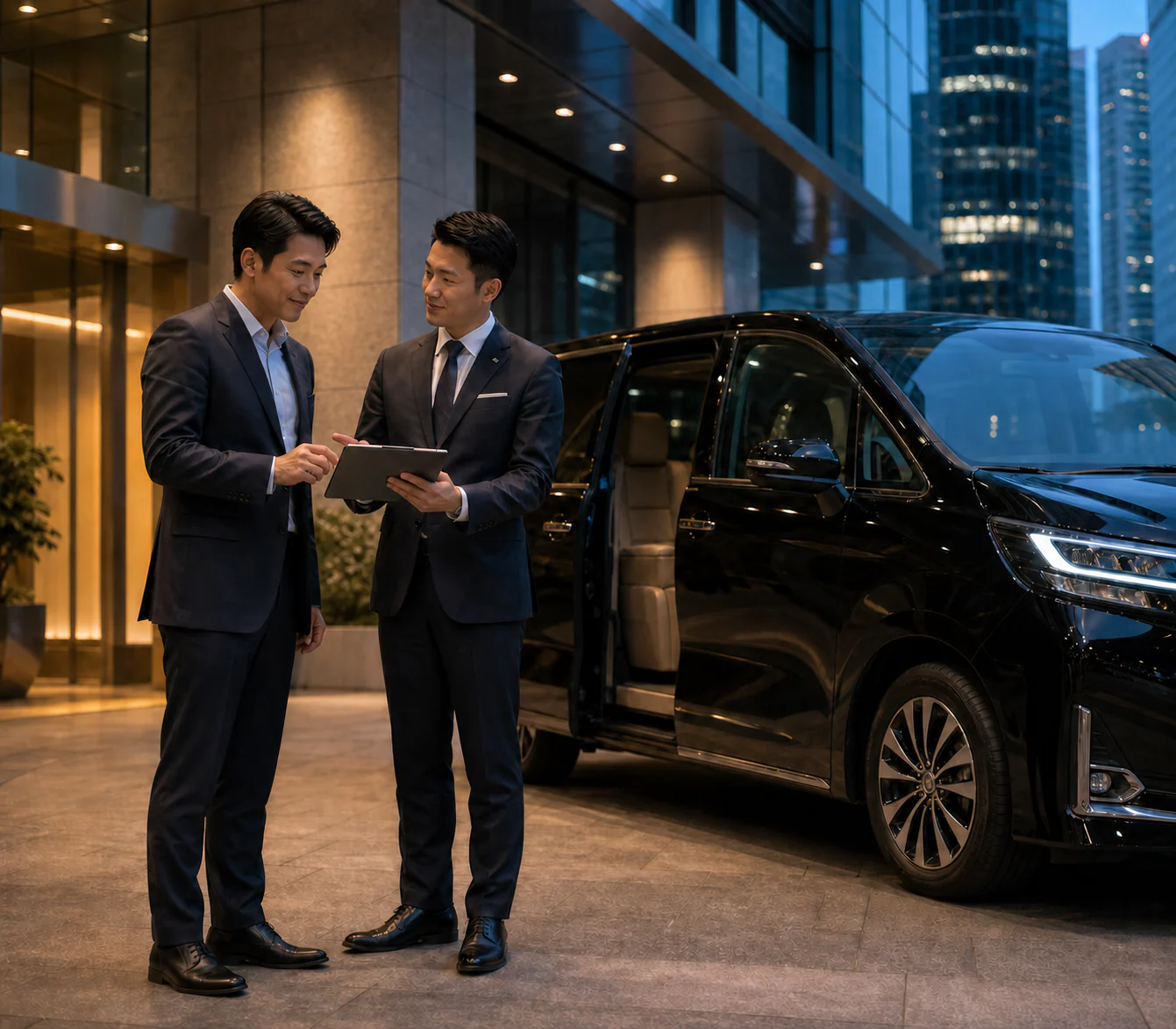 Corporate client and executive transport representative reviewing an itinerary beside a premium MPV