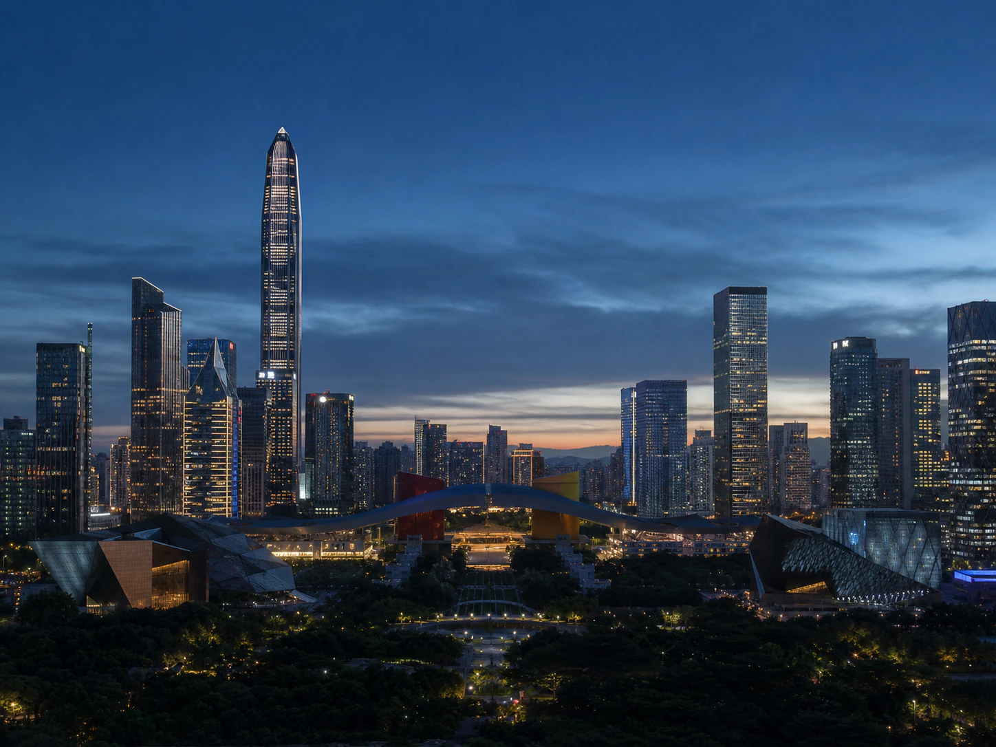 El perfil de Futian y el Ping An Finance Centre durante la hora azul