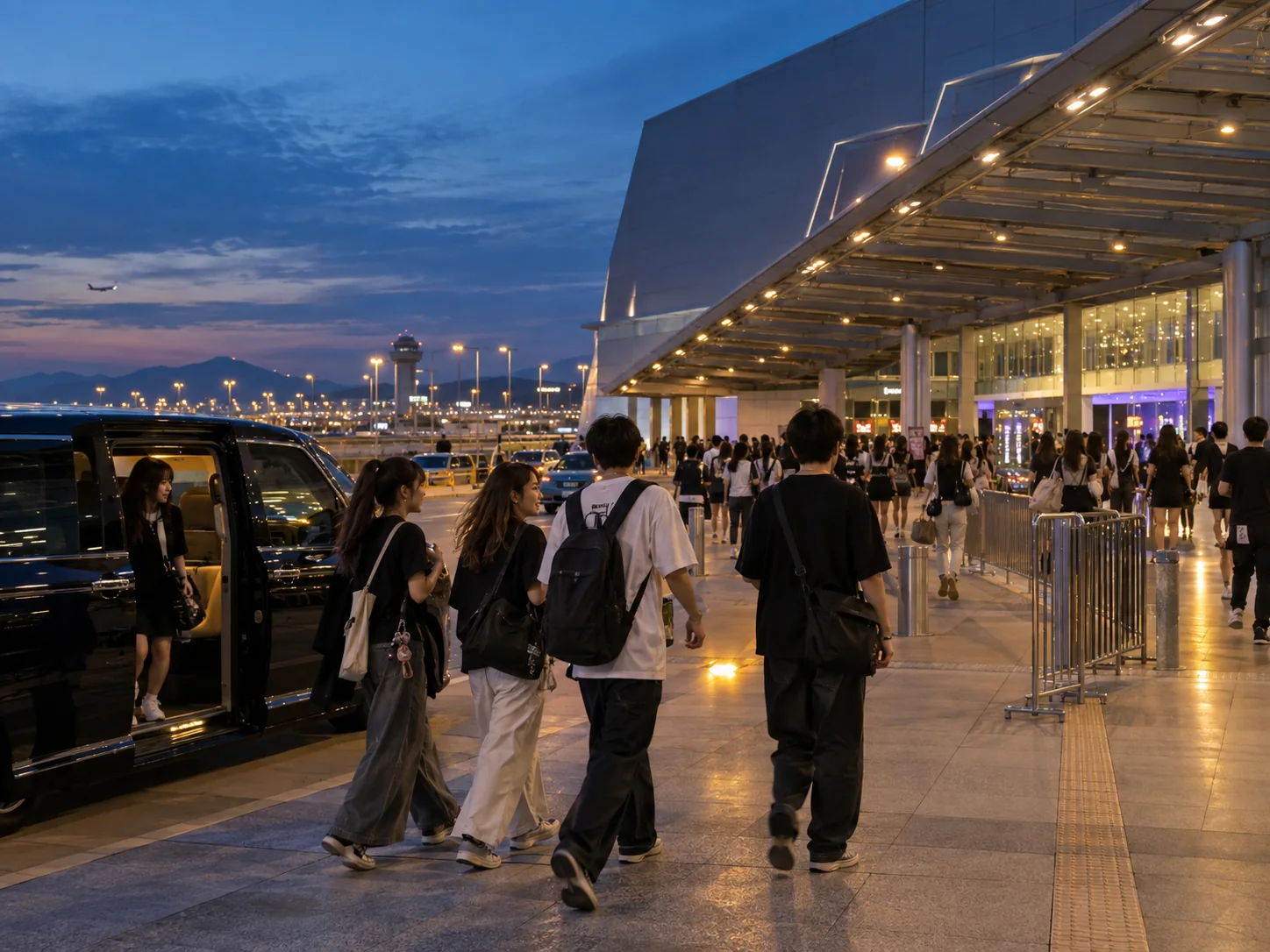 Concert visitors arriving by private vehicle at a Hong Kong airport-side exhibition venue