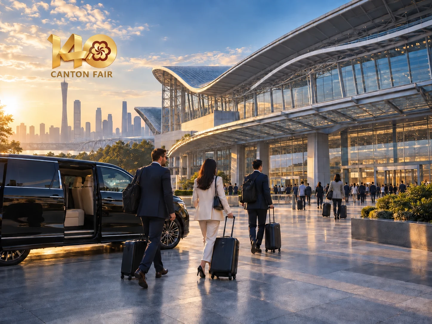 International business visitors arriving by executive vehicle at a major Guangzhou exhibition complex