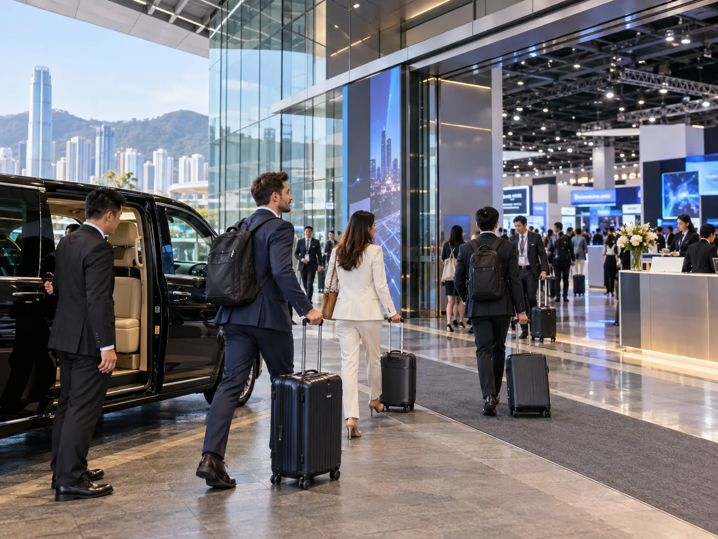 International business visitors arriving with luggage at a modern Hong Kong trade exhibition