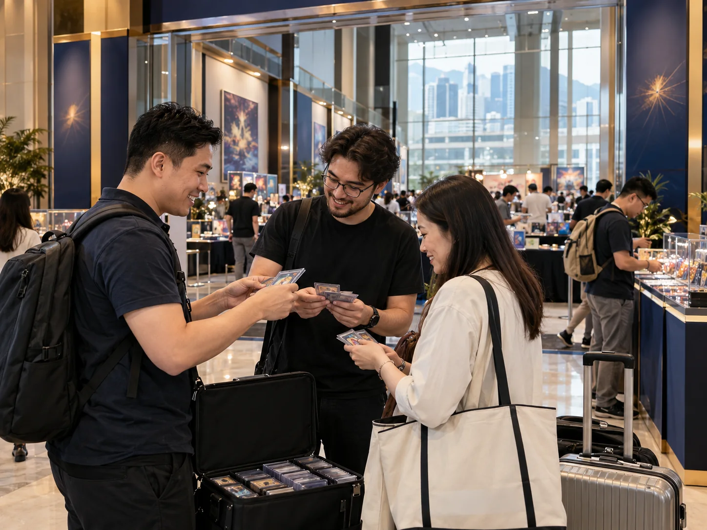 Collectors exchanging generic trading cards inside a modern Hong Kong exhibition hall