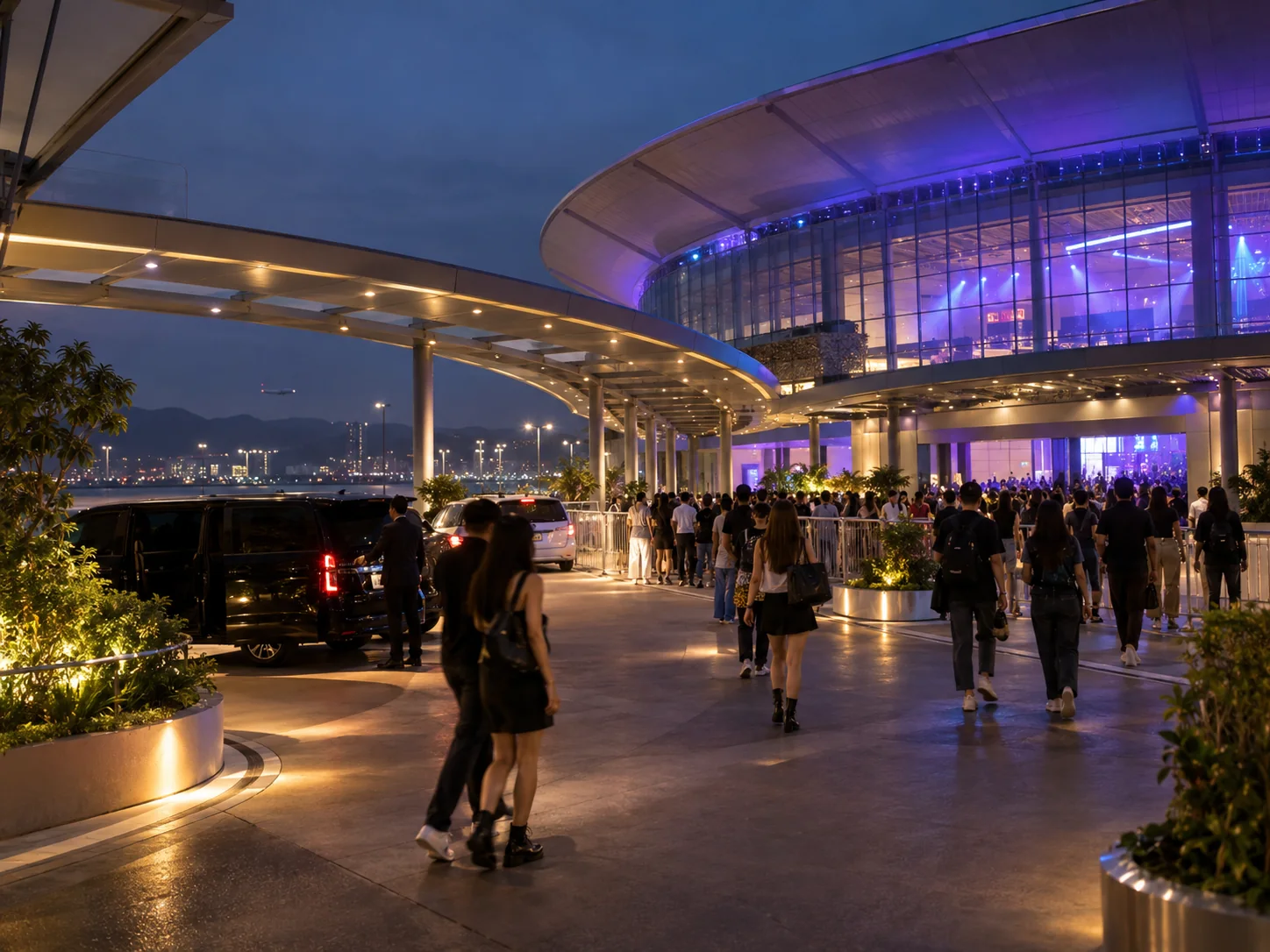 Conceptual evening concert arrival at a Hong Kong airport-side arena with blue and violet lights