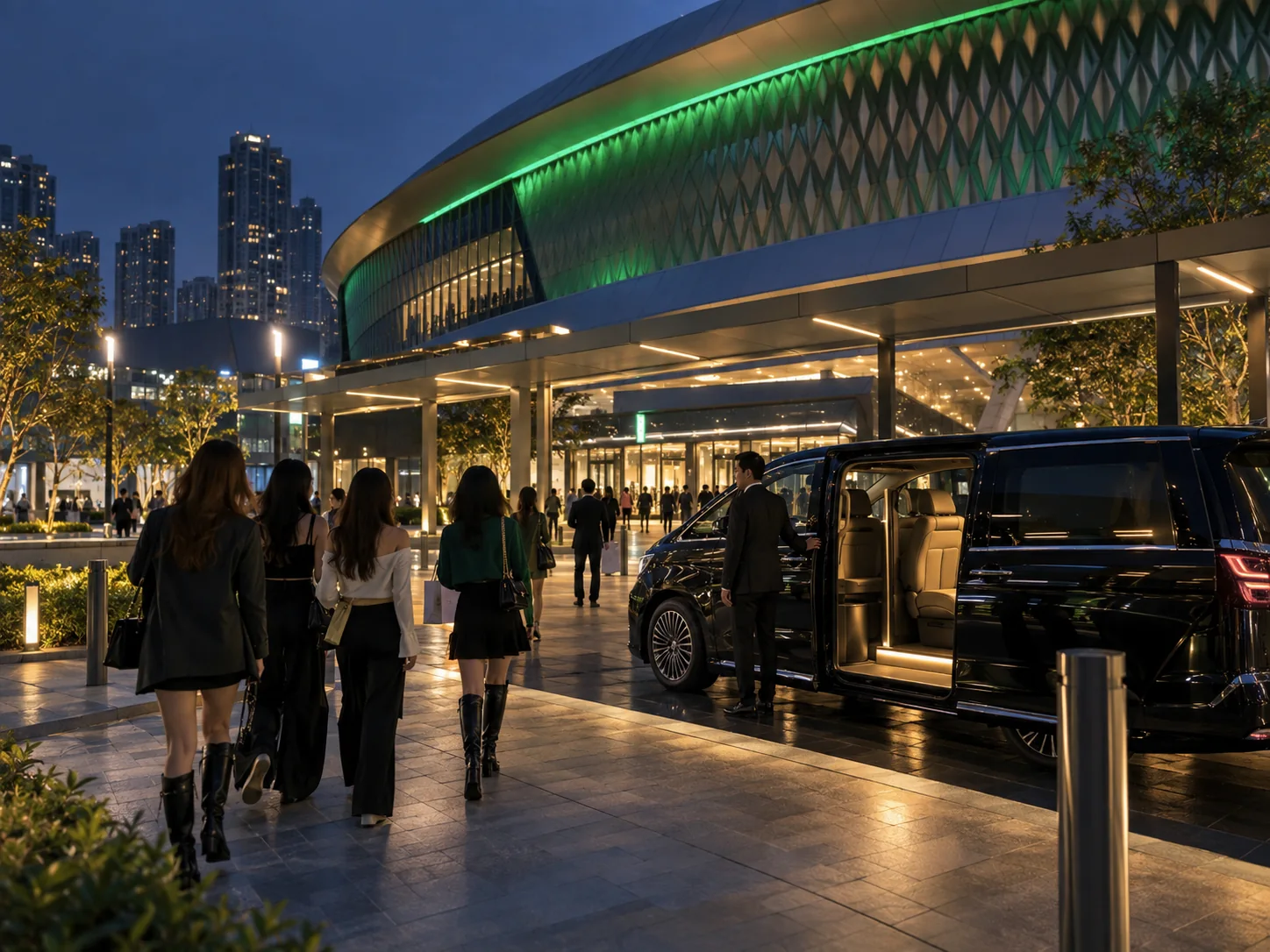 Conceptual post-concert pickup outside a modern Kai Tak arena with emerald evening lights