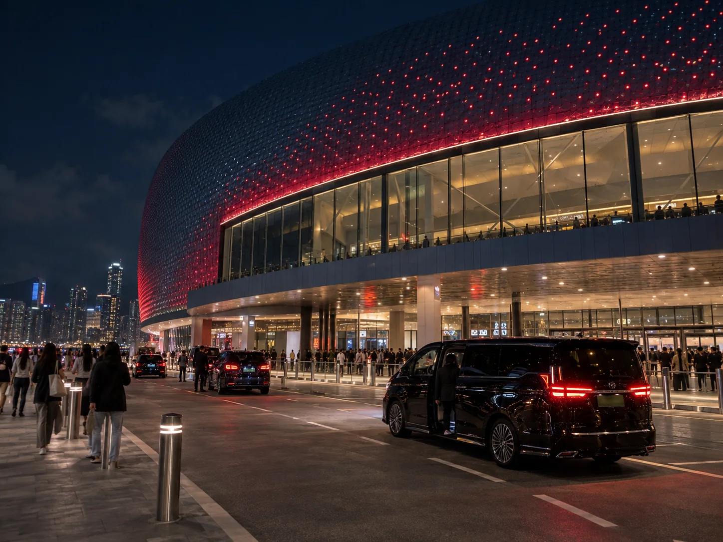 Conceptual concert transport arrival outside a modern Kai Tak arena with red evening lights