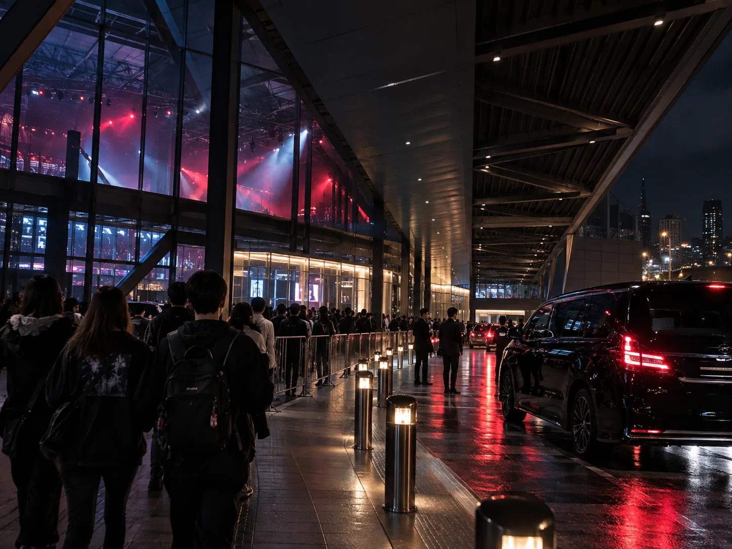 Conceptual rock concert transport lane outside a Hong Kong venue with restrained red lighting