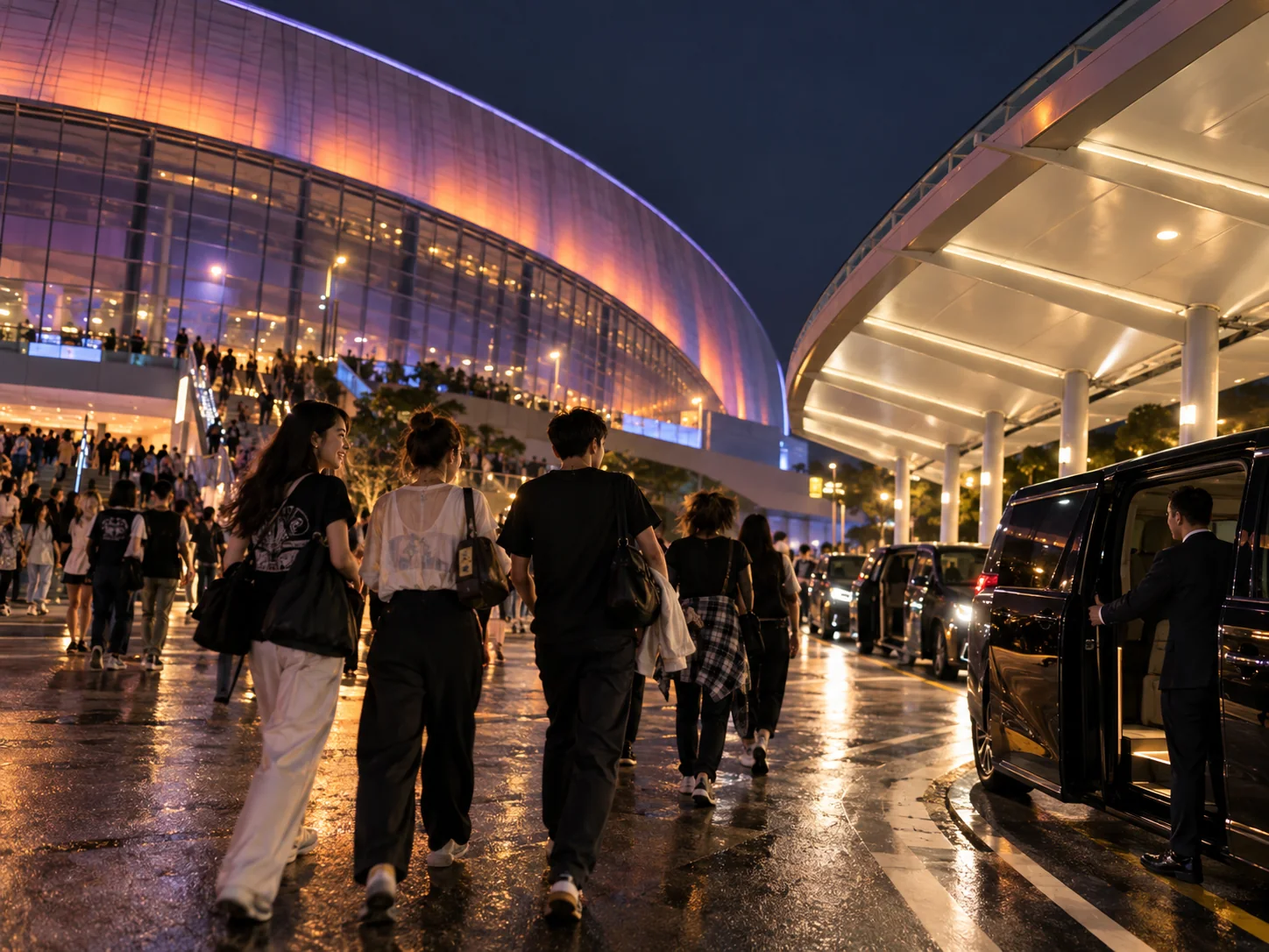 Conceptual post-concert transport outside a Hong Kong arena with orange and indigo lighting