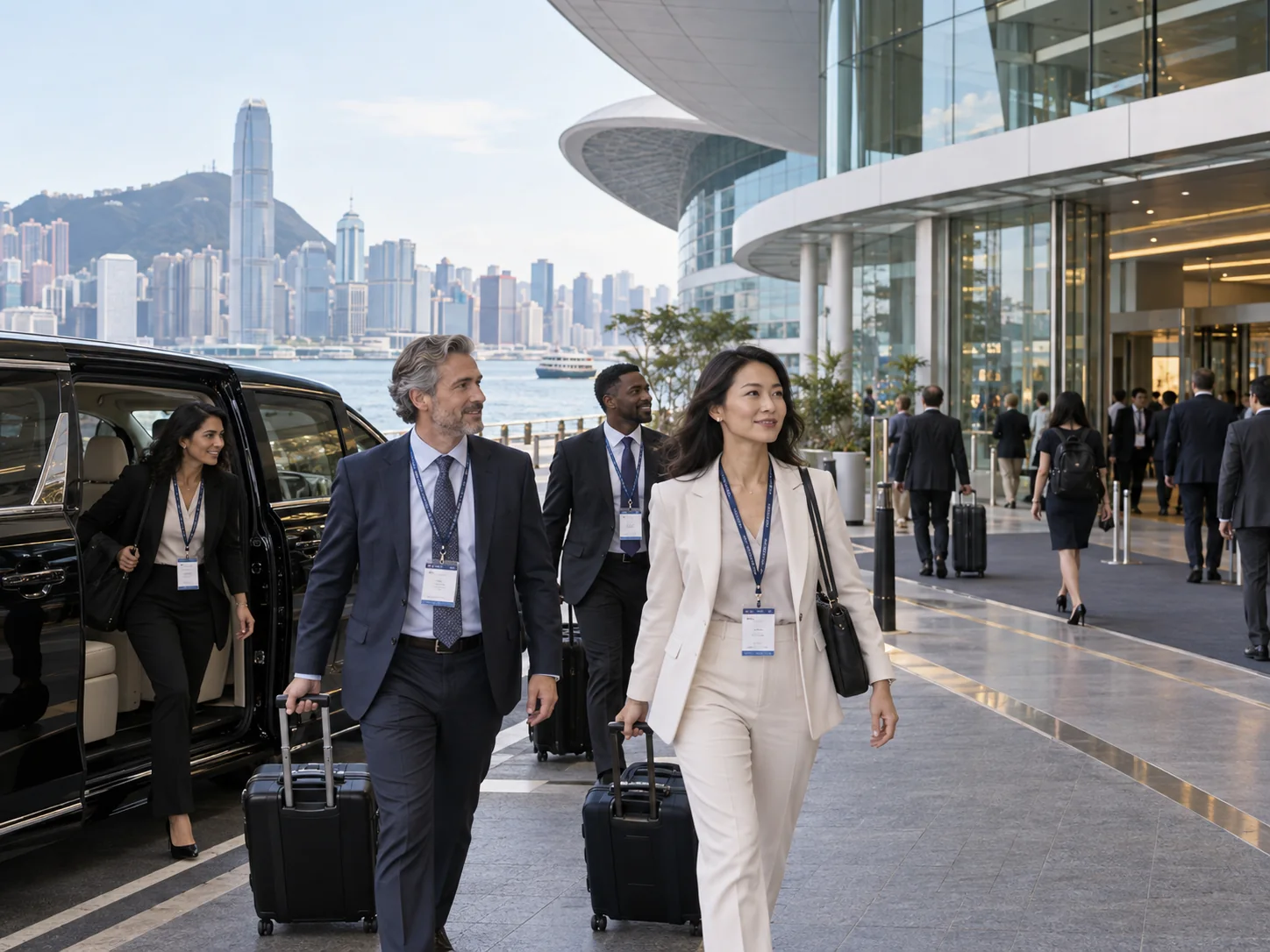 International conference delegates arriving at a Hong Kong waterfront convention venue