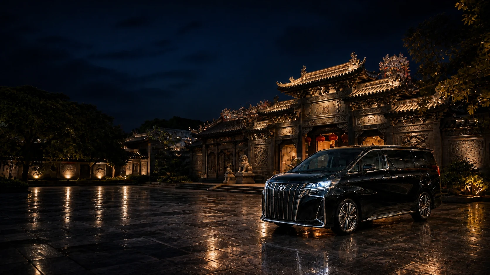 Executive MPV beside Foshan Ancestral Temple under warm evening lights