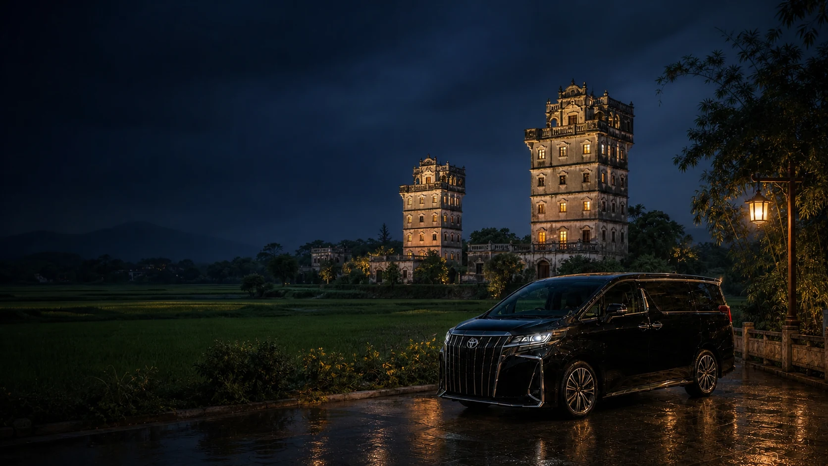 Executive MPV beside illuminated Kaiping Diaolou towers in Jiangmen at dusk