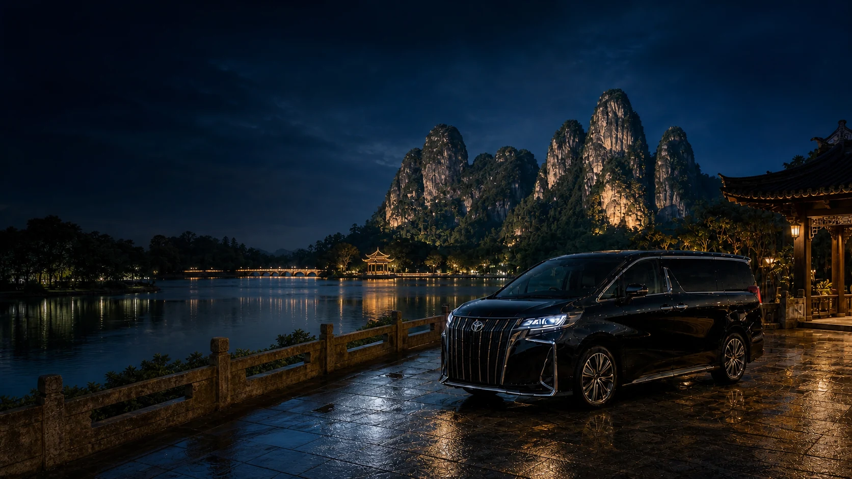 Executive MPV overlooking Seven Star Crags and the lake in Zhaoqing at blue hour