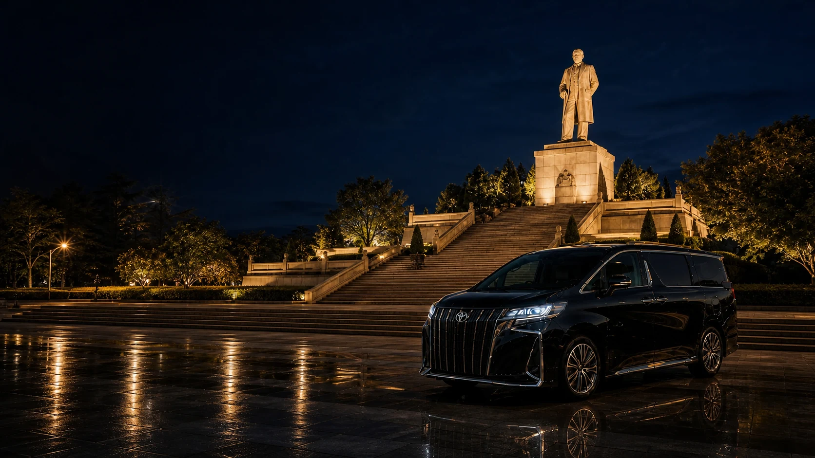 Executive MPV beside Sun Wen Memorial Park and its illuminated Zhongshan landmark at dusk