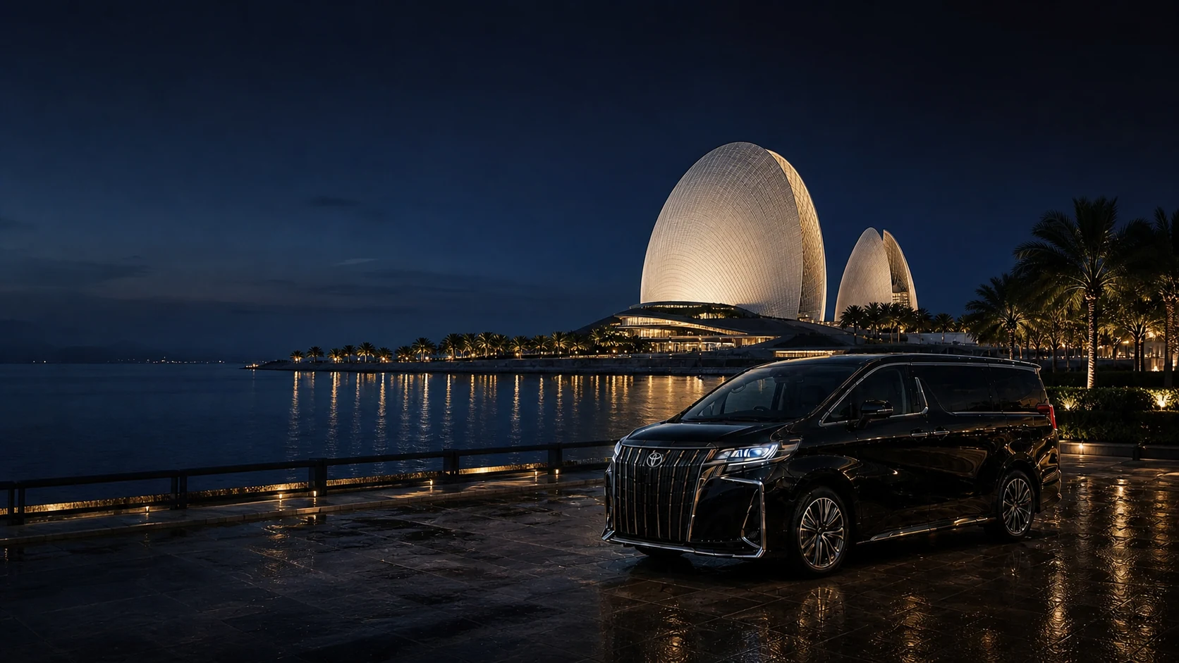 Executive MPV beside the illuminated shell-shaped Zhuhai Opera House at night