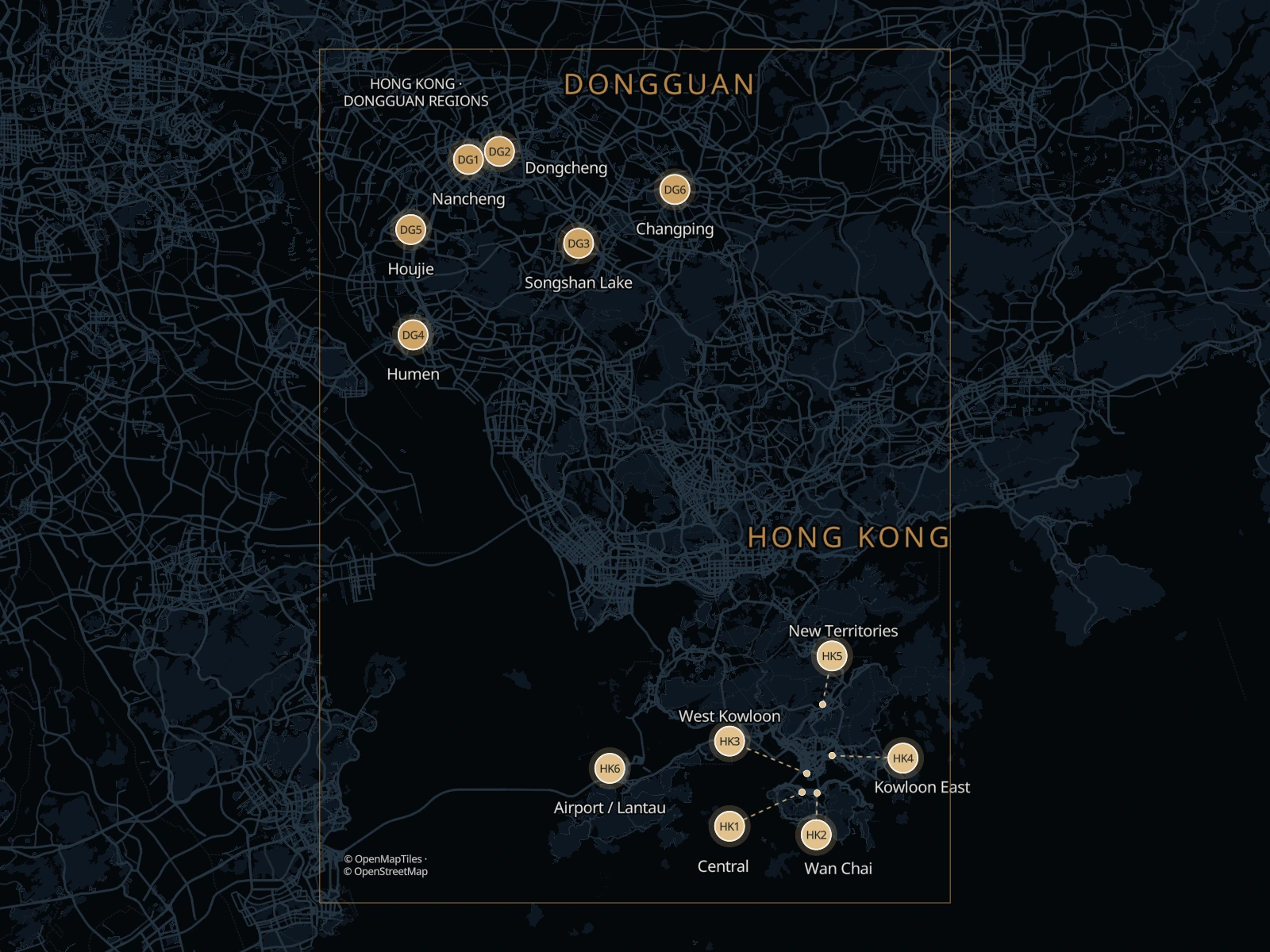 Static map of six main Dongguan areas and Hong Kong pickup areas in the two-way Border2Go network