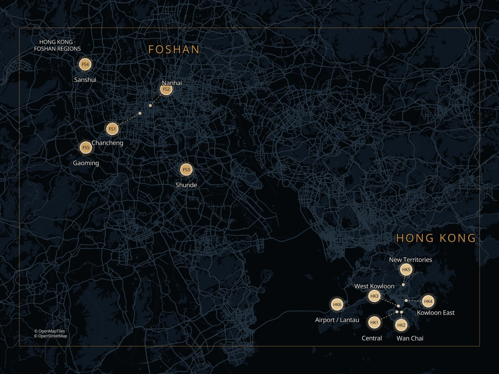Static map of five Foshan districts and Hong Kong pickup areas in the two-way Border2Go network