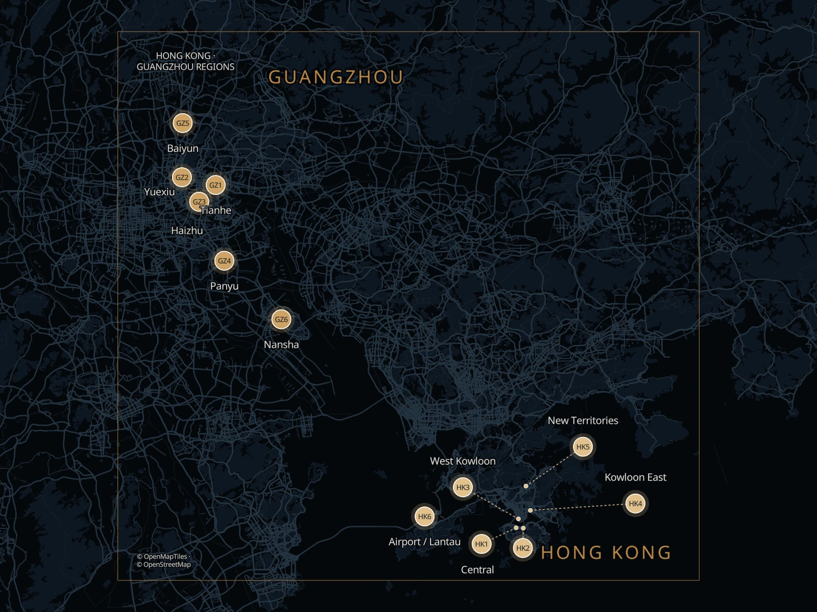 Static map of six core Guangzhou areas and Hong Kong pickup areas in the two-way Border2Go network