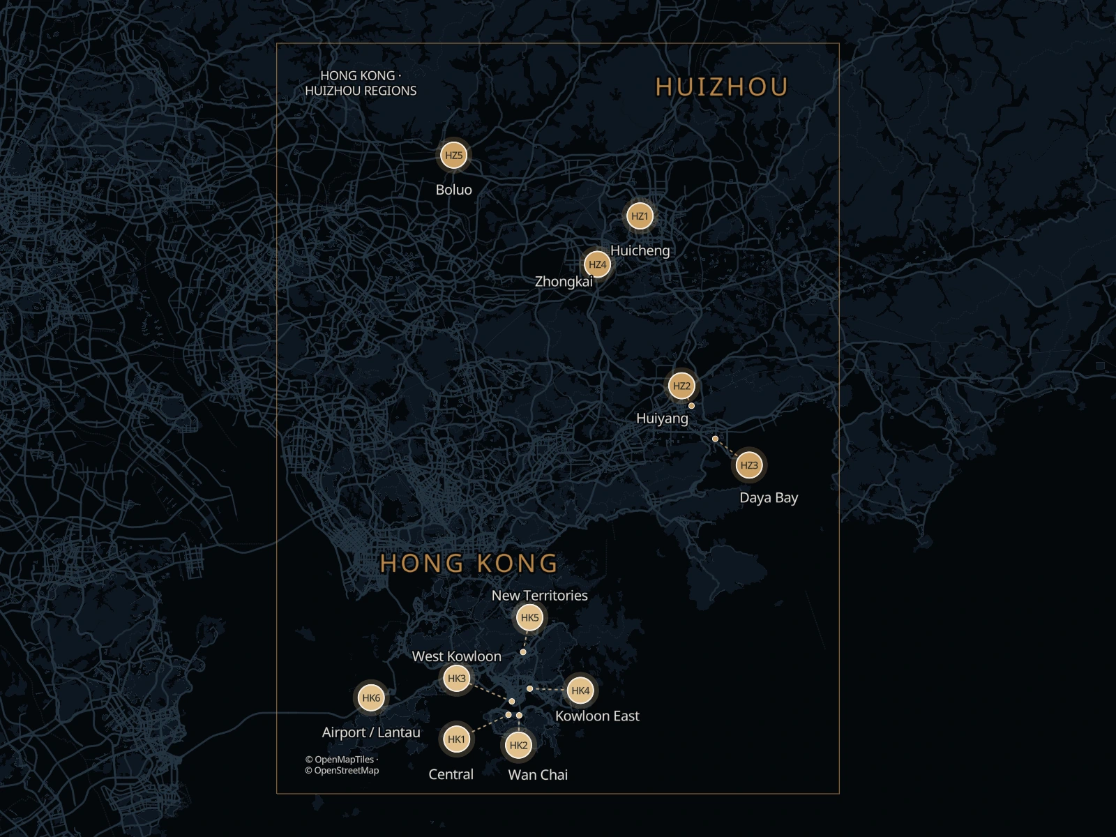 Static map of five main Huizhou areas and Hong Kong pickup areas in the two-way Border2Go network