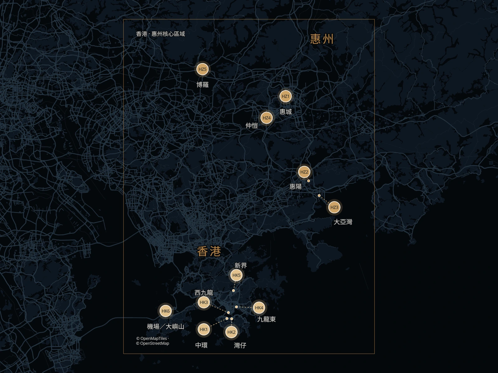 Border2Go 香港惠州雙向接送網絡的惠州五個主要區域與香港區域靜態位置圖