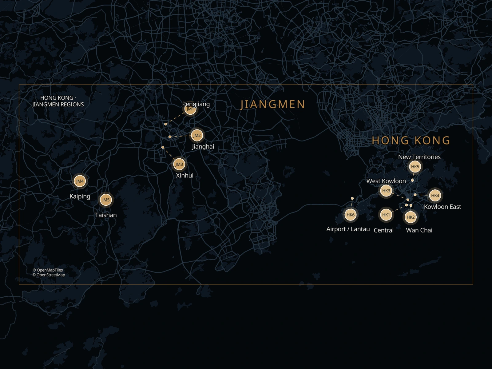 Static map of five main Jiangmen areas and Hong Kong pickup areas in the two-way Border2Go network