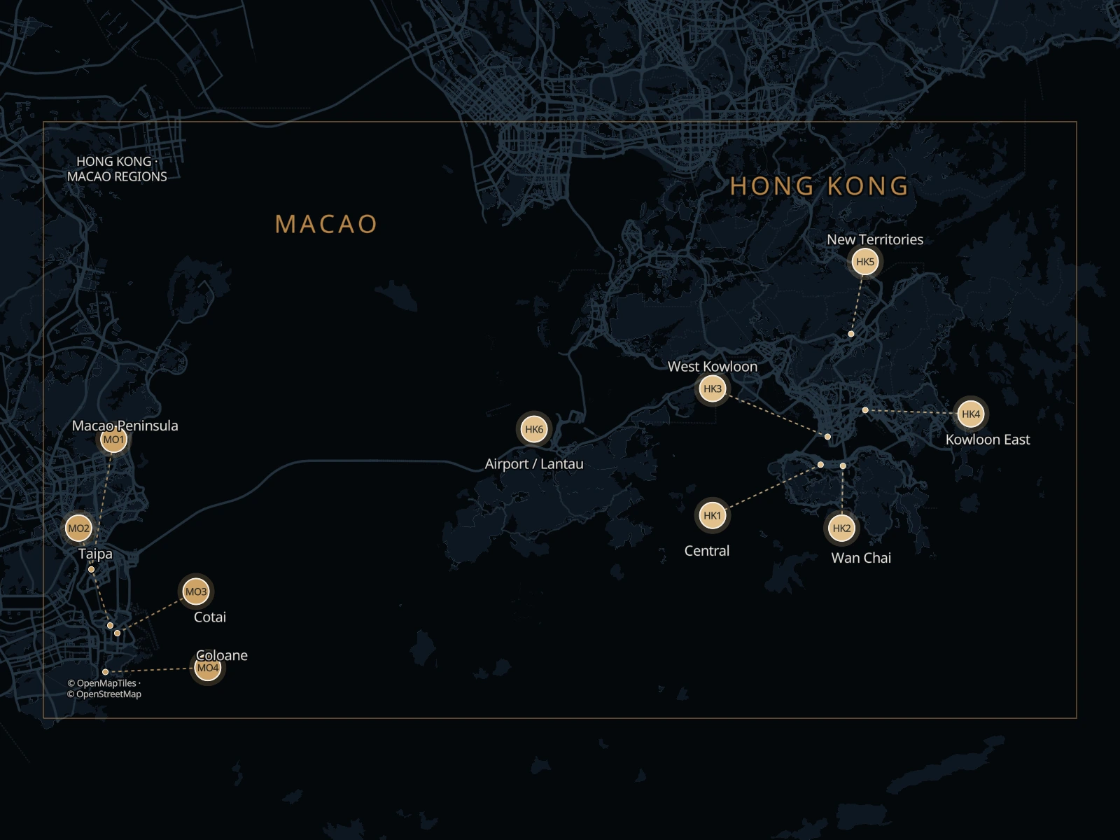 Static map of four main Macao areas and Hong Kong pickup areas in the two-way Border2Go network