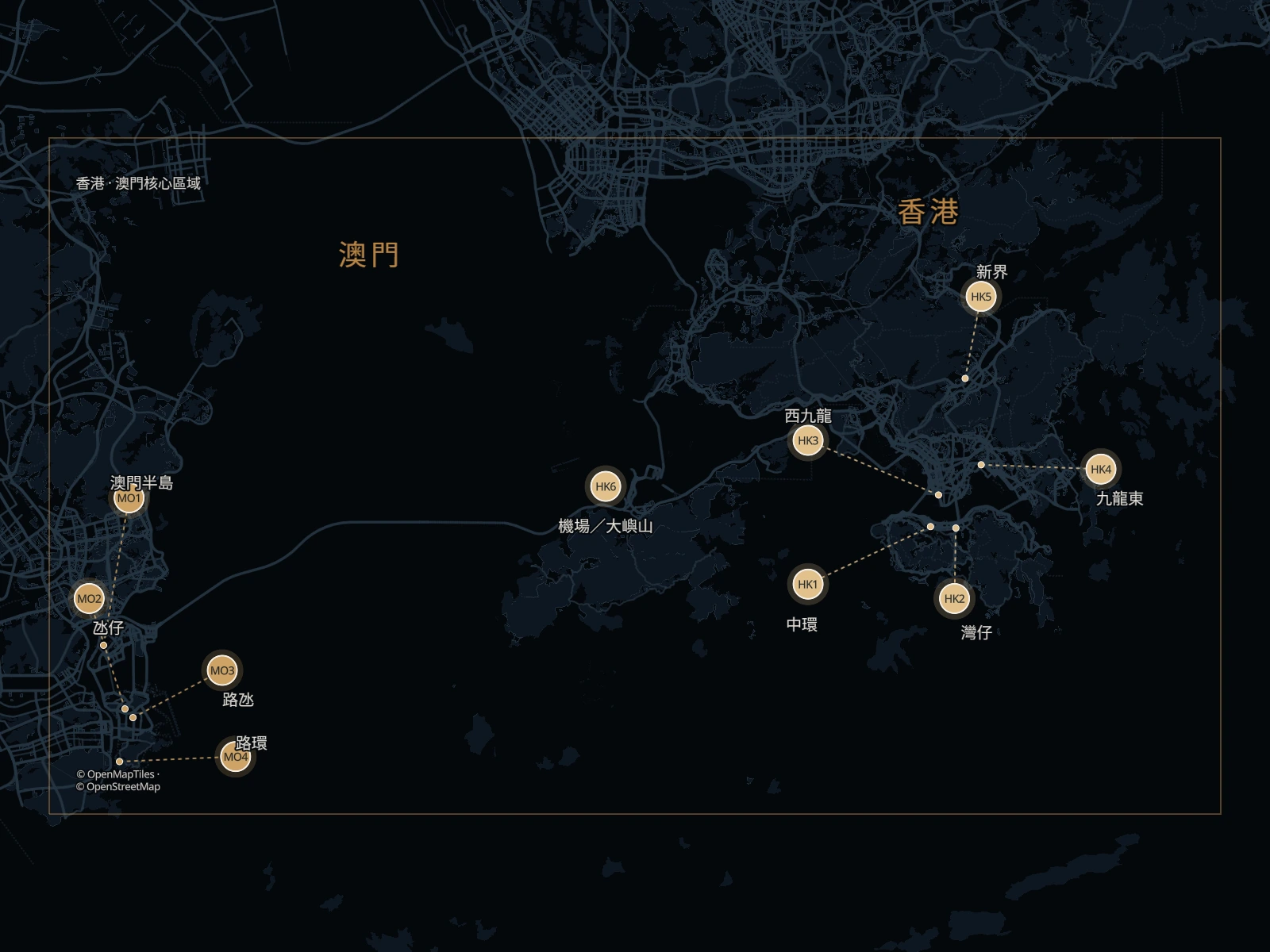 Border2Go 香港澳門雙向接送網絡的澳門四個主要區域與香港區域靜態位置圖