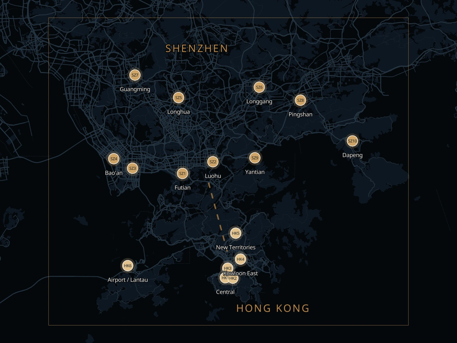 Mapa estático de las zonas principales de Shenzhen y Hong Kong en la red bidireccional de Border2Go