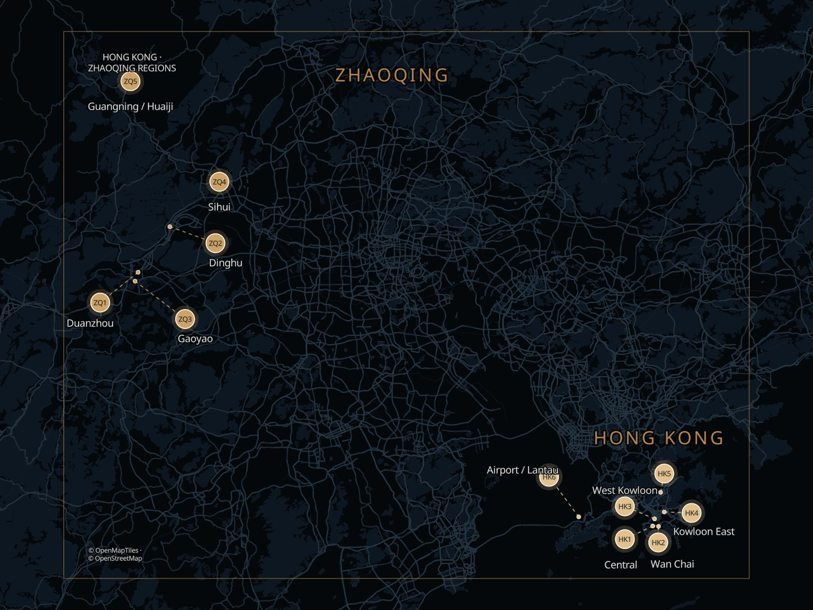 Static map of five main Zhaoqing areas and Hong Kong pickup areas in the two-way Border2Go network