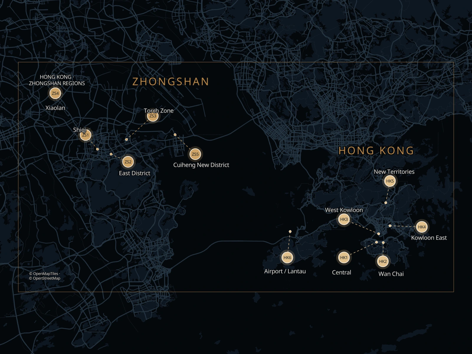 Static map of five main Zhongshan areas and Hong Kong pickup areas in the two-way Border2Go network