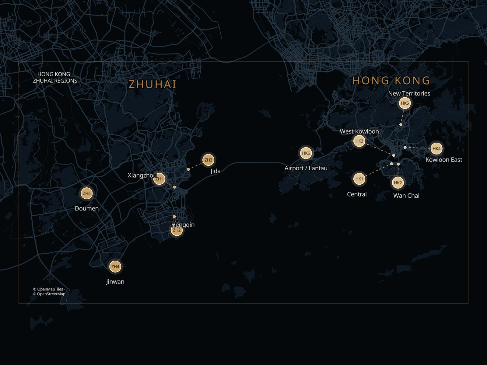 Static map of five main Zhuhai areas and Hong Kong pickup areas in the two-way Border2Go network
