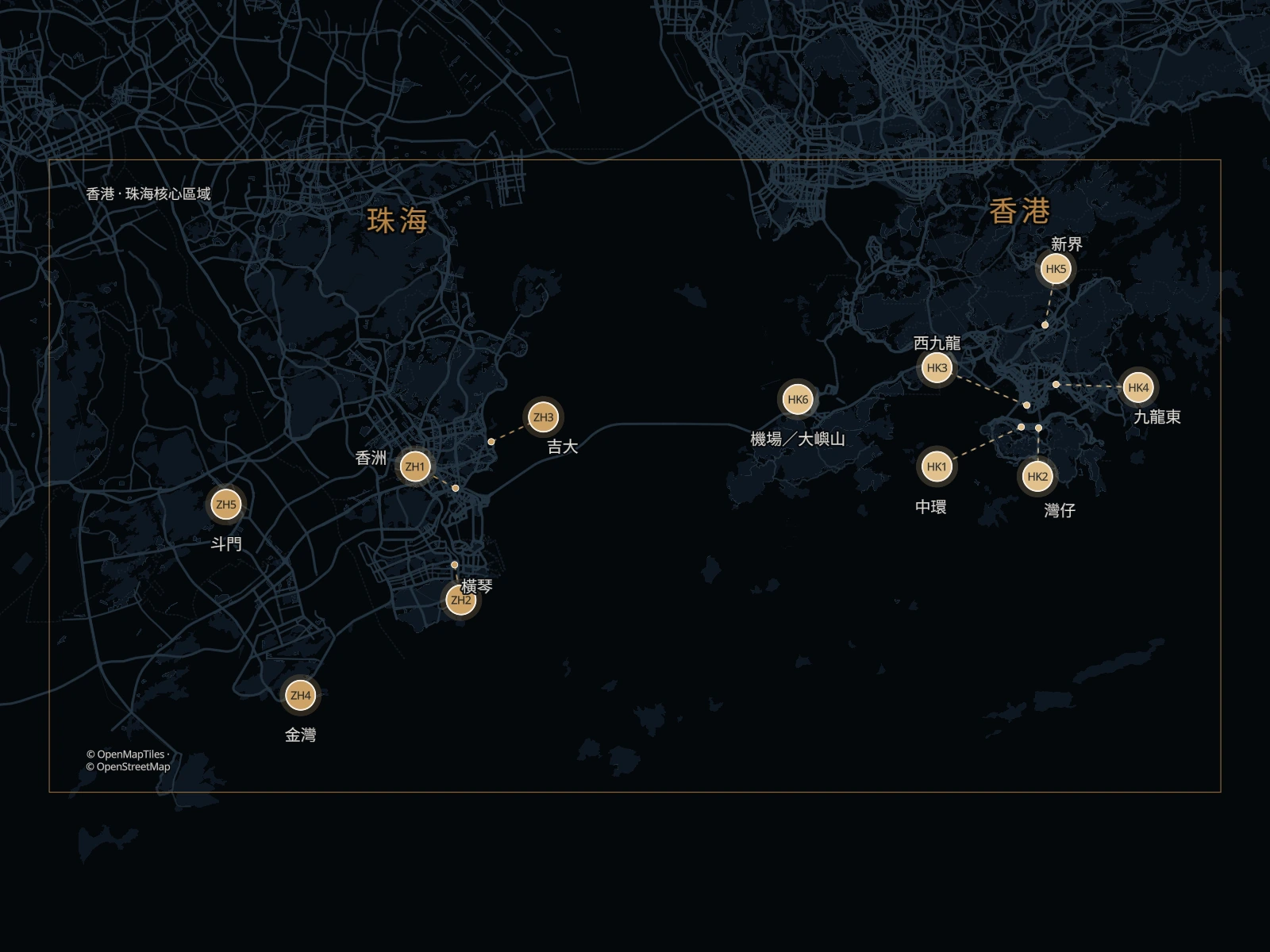 Border2Go 香港珠海雙向接送網絡的珠海五個主要區域與香港區域靜態位置圖